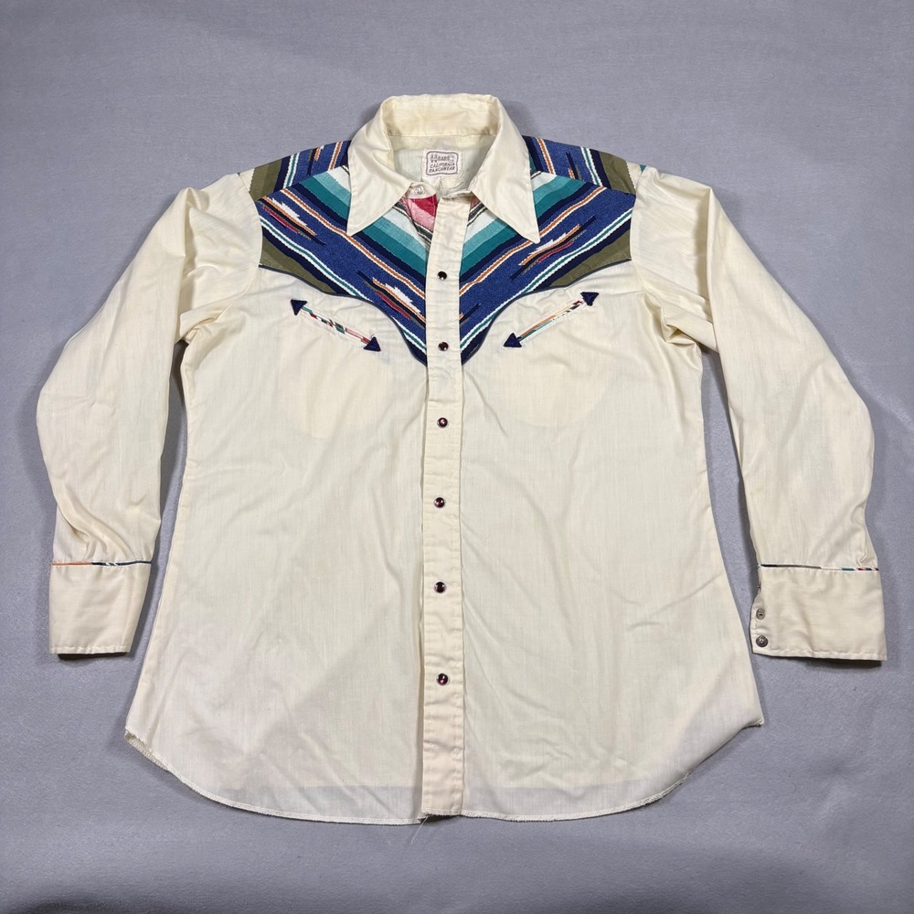 Vintage H Bar C California Ranch Western Pearl Snap Shirt Cream Geometric 70s